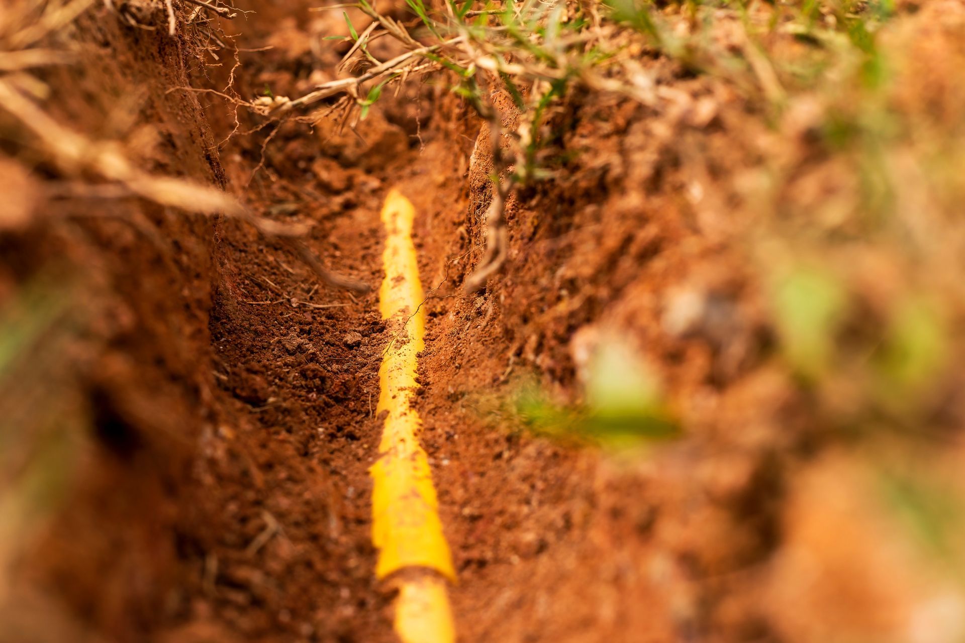 A yellow plastic pipeline for protection of a fibre optic cable buried underground. A yellow plastic pipeline for protection of a fibre optic cable buried underground.