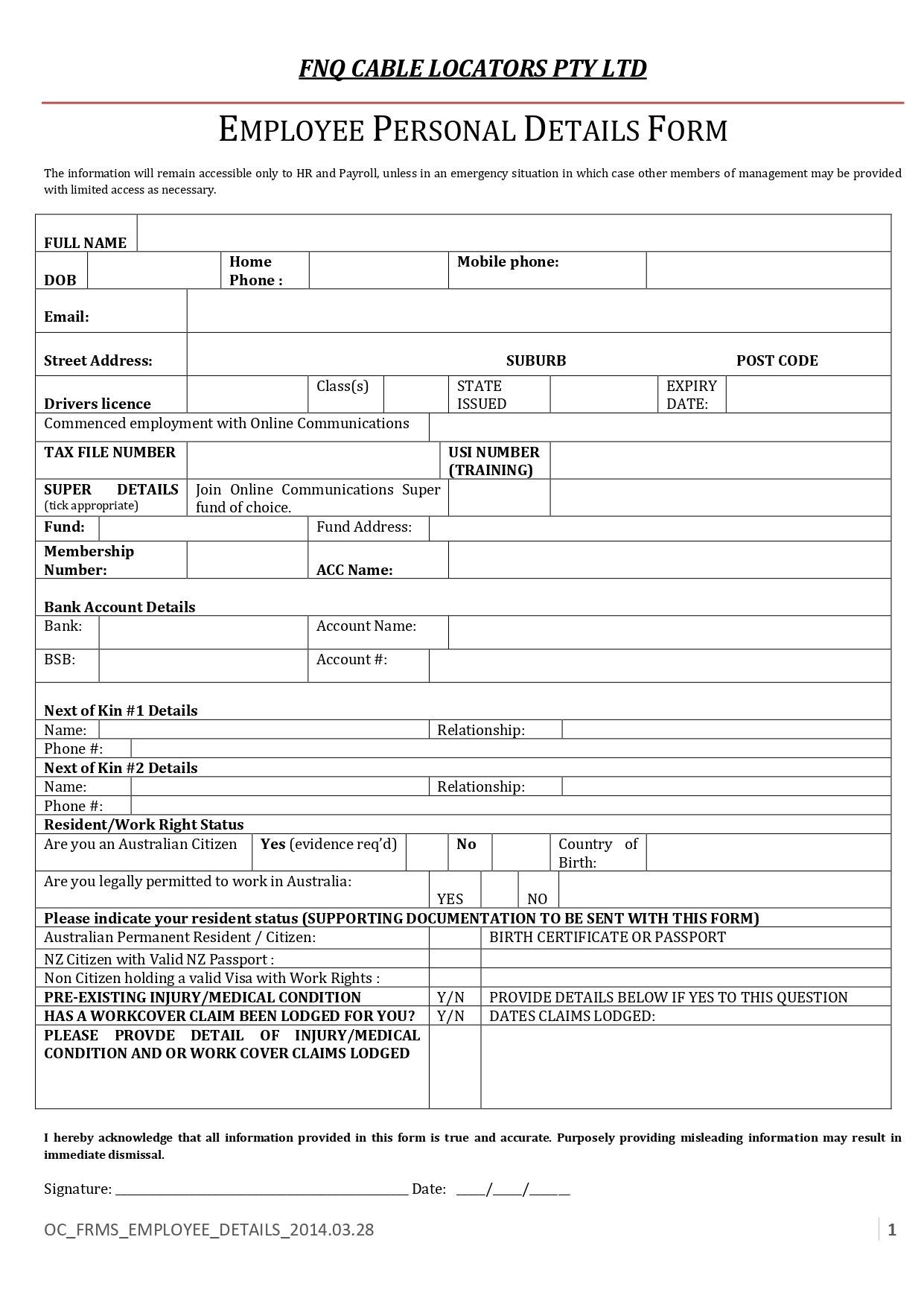 Employee Personal Details Form — Mareeba, QLD — FNQ Cable Locators