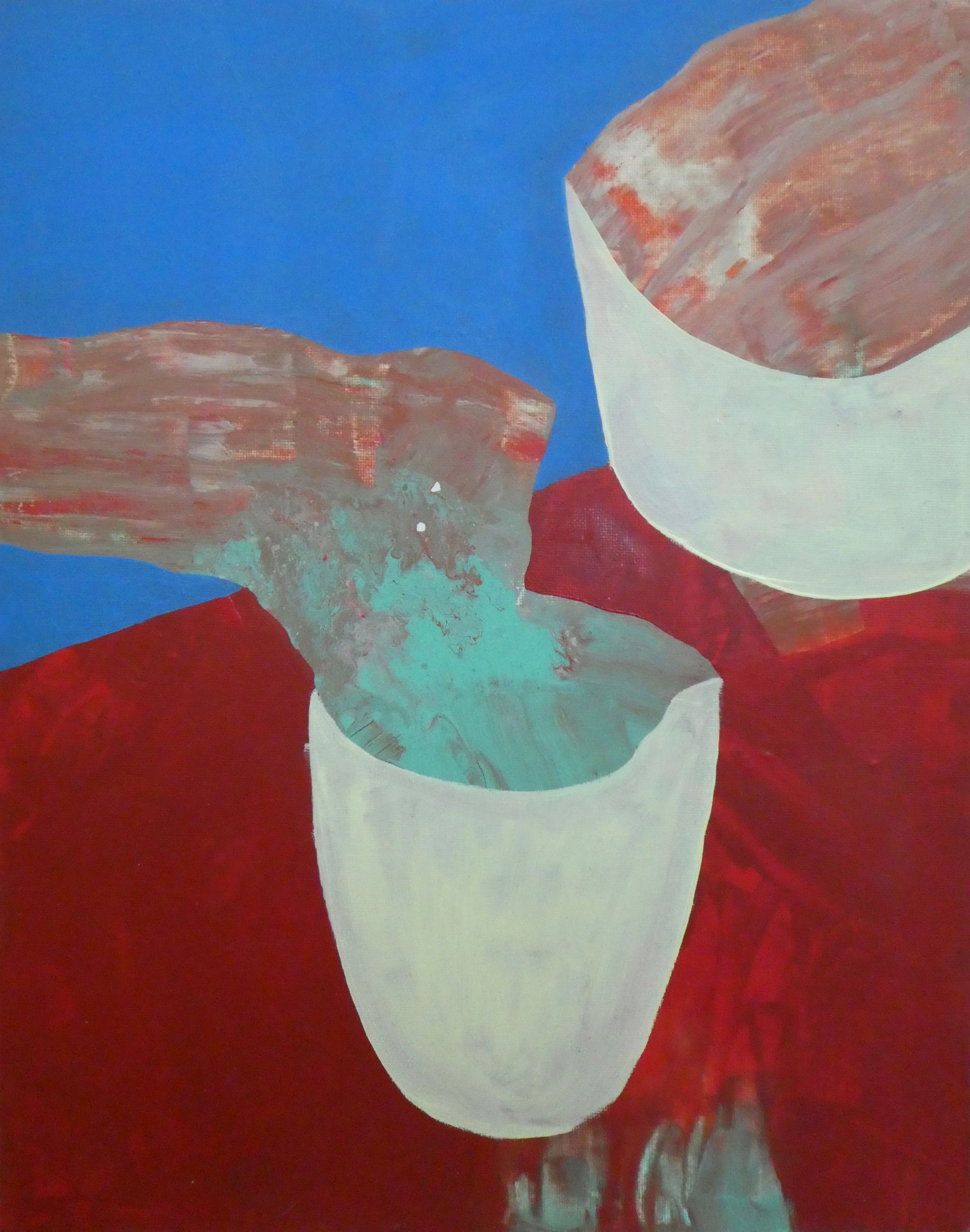 Andrea Friedli, schilderij, malerei, kunst, illustratie, illustration, art, Olieverfschilderij van twee witte kommen op een rood oppervlak, Andrea Friedli