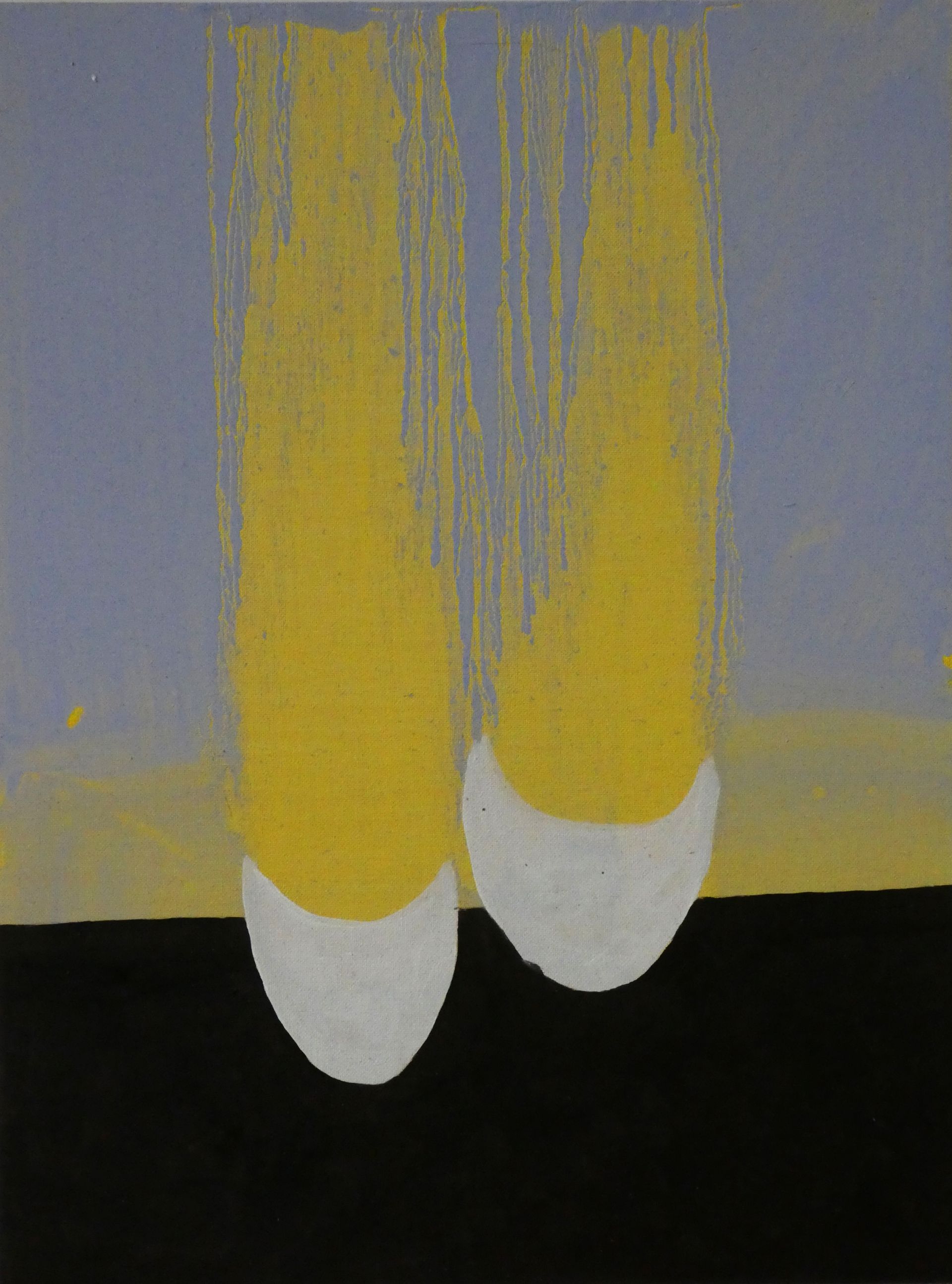 Andrea Friedli, schilderij, malerei, kunst, illustratie, illustration, art, Olieverfschilderij van een geel en wit object op een zwarte achtergrond