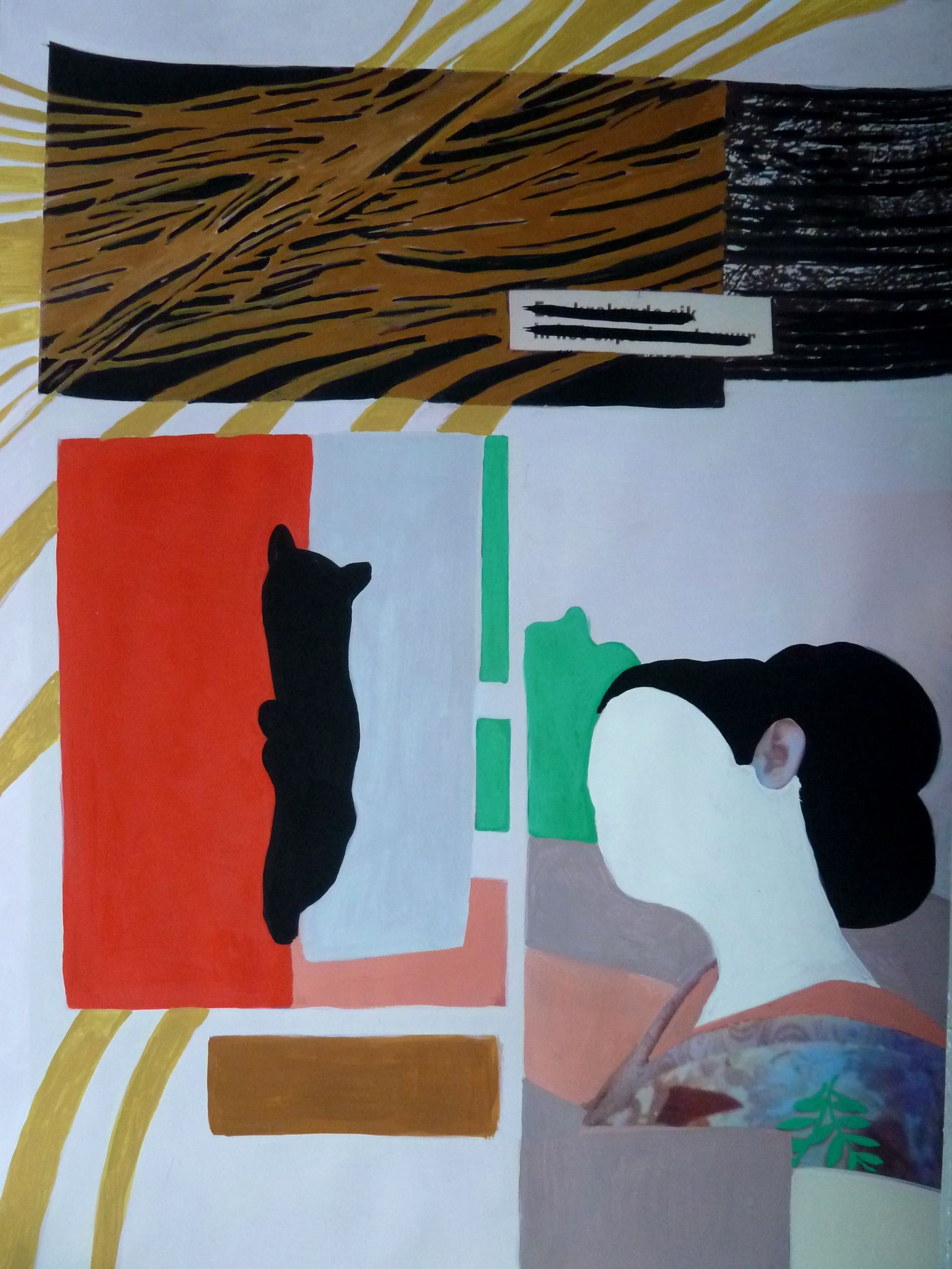 Andrea Friedli, schilderij, malerei, kunst, illustratie, illustration, art,  schilderij van een vrouw in een kimono met een kat op de achtergrond, Andrea Friedli