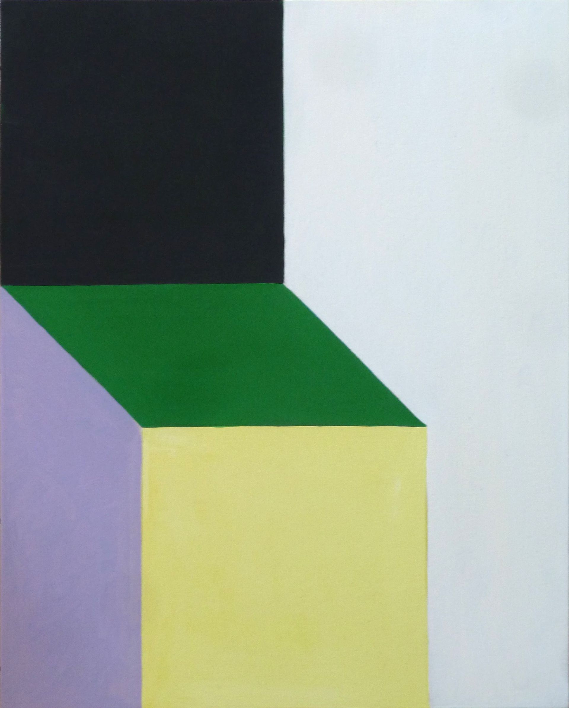 Andrea Friedli, schilderij, malerei, kunst, illustratie, illustration, art, Een schilderij van een groene, gele en paarse kubus op een witte achtergrond, Necker Kubus, Andrea Friedli