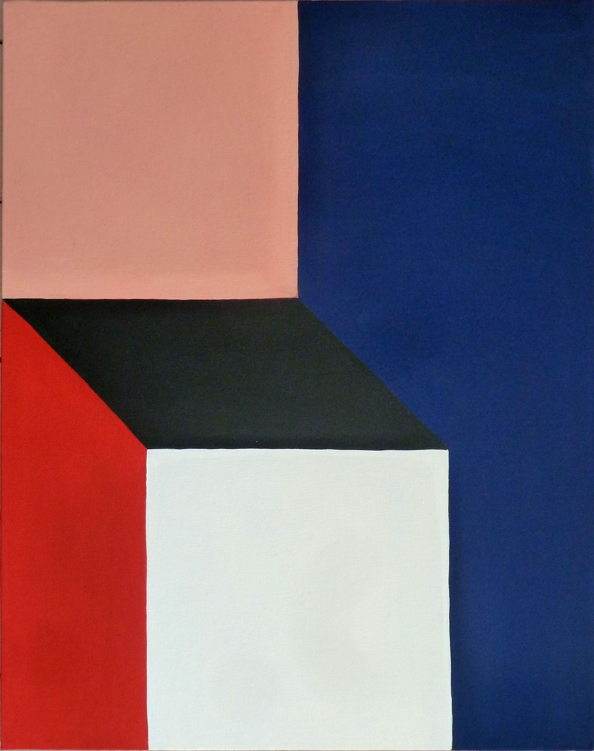 Andrea Friedli, schilderij, malerei, kunst, illustratie, illustration, art, Een rood-wit-zwart vierkant op een blauwe achtergrond, Necker Kubus, Andrea Friedli