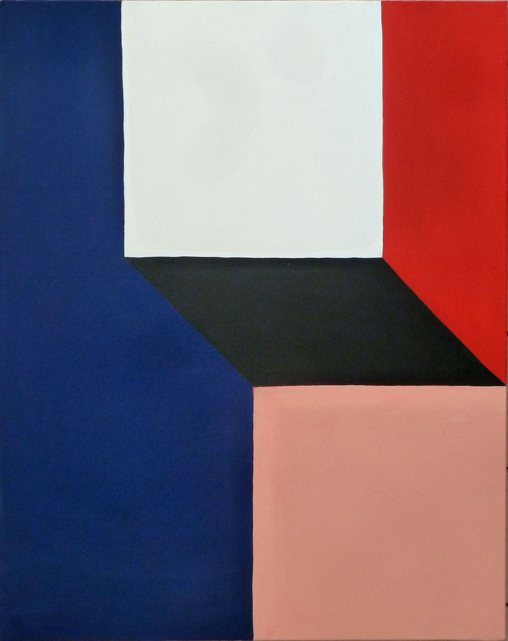 Andrea Friedli, schilderij, malerei, kunst, illustratie, illustration, art, Olieverfschilderij van een blauw, wit en rood vierkant met een zwarte hoek, Andrea Friedli