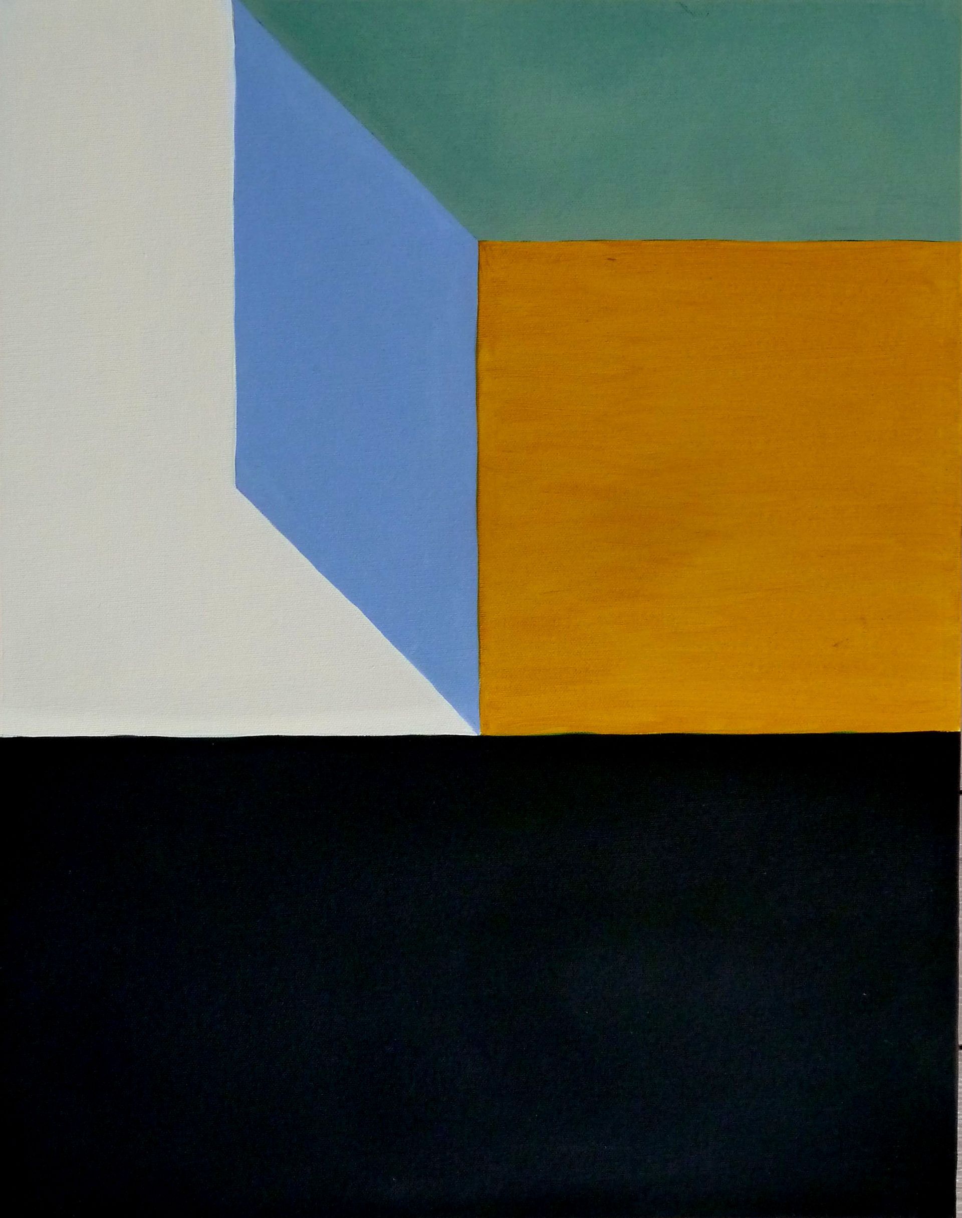 Andrea Friedli, schilderij, malerei, kunst, illustratie, illustration, art, Een schilderij van een blauwe, gele en groene kubus op een zwarte achtergrond, Necker Kubus, Andrea Friedli