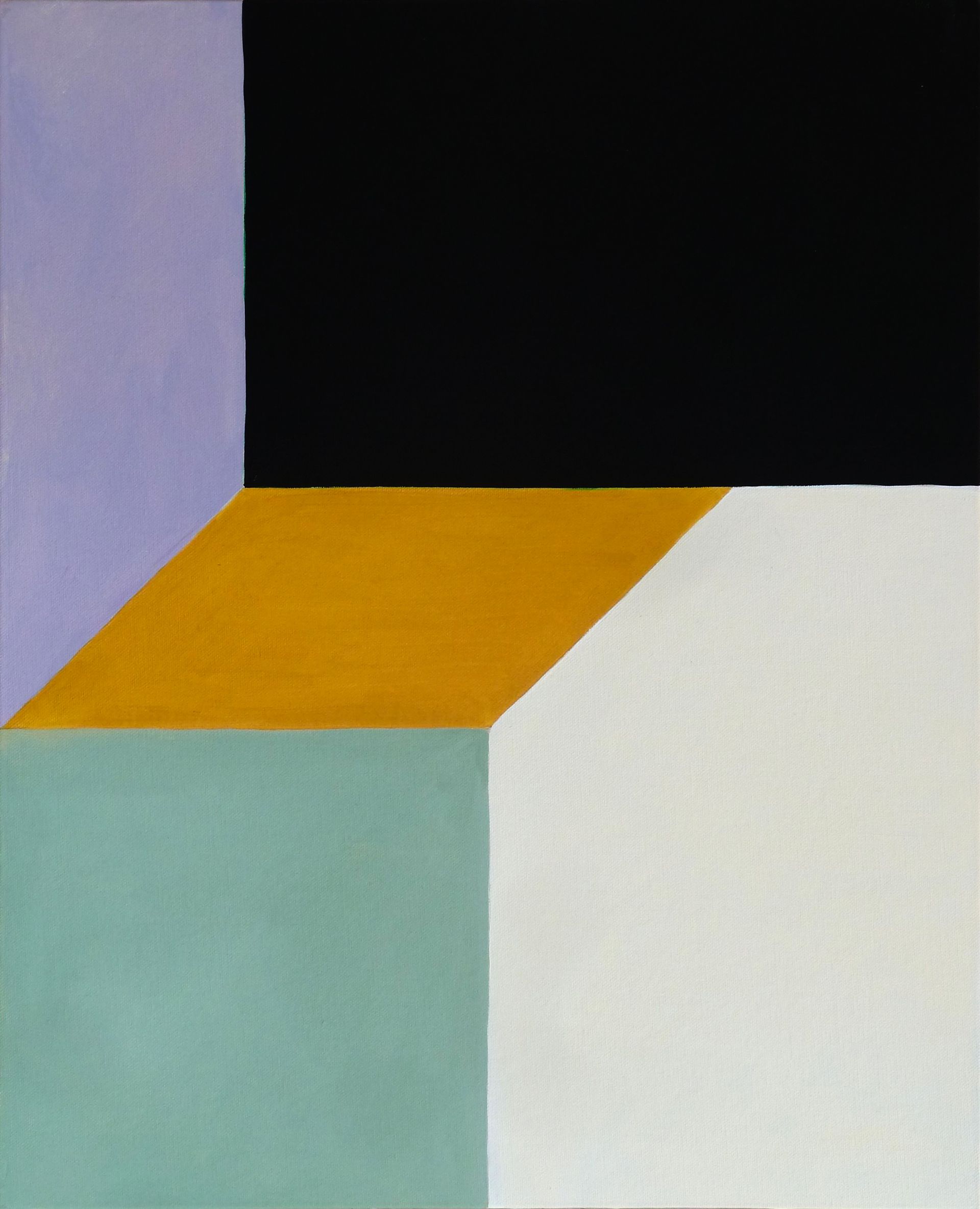 Andrea Friedli, schilderij, malerei, kunst, illustratie, illustration, art, Een paarse, gele en witte kubus met een zwarte achtergrond, Necker Kubus, Andrea Friedli