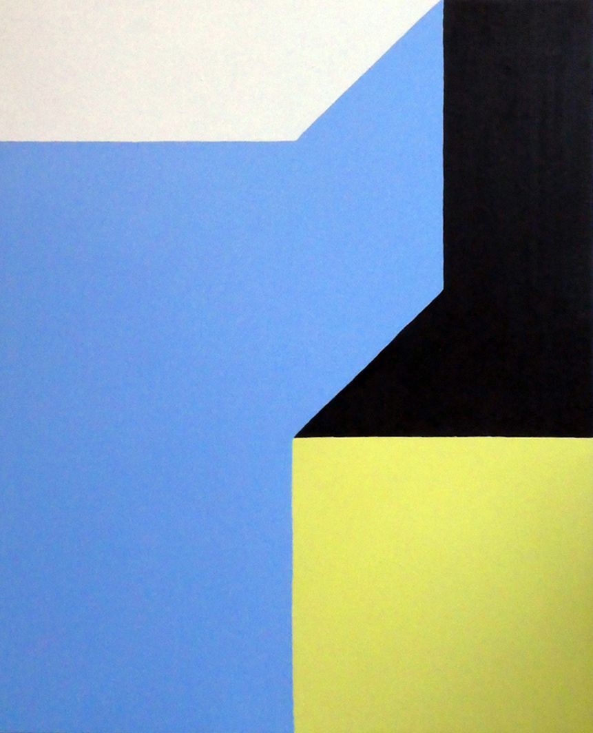 Andrea Friedli, schilderij, malerei, kunst, illustratie, illustration, art, Een blauw en geel vierkant met een zwarte hoek, Necker Kubus, Andrea Friedli