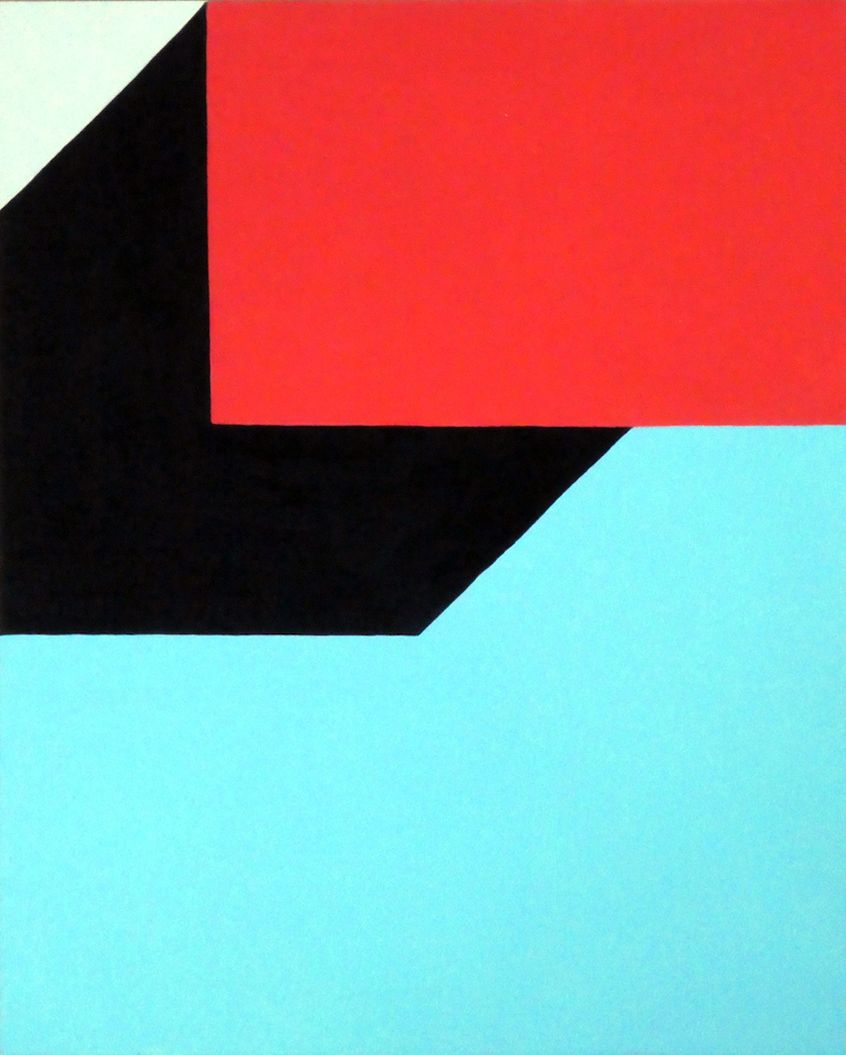 Olieverfschilderij van een rood, zwart en blauw vierkant