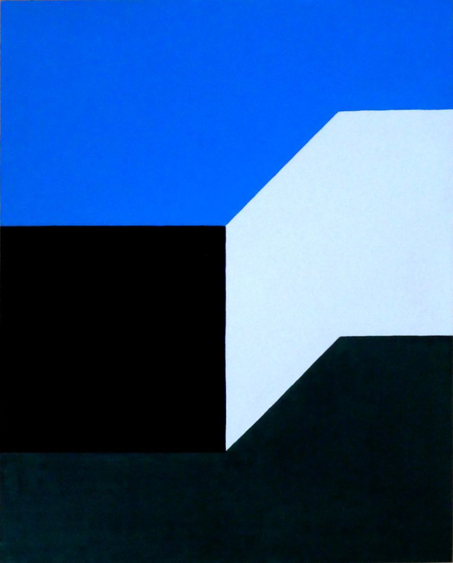 Andrea Friedli, schilderij, malerei, kunst, illustratie, illustration, art, Een blauw en zwart schilderij met een wit vierkant in het midden, Necker Kubus, Andrea Friedli