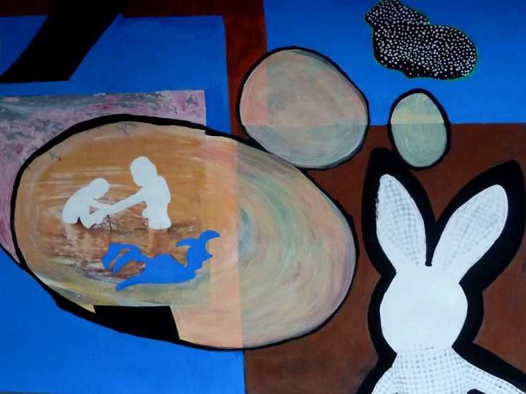 Andrea Friedli, schilderij, malerei, kunst, illustratie, illustration, art,  schilderij van een konijn en een kind op een blauwe achtergrond, Andrea Friedli