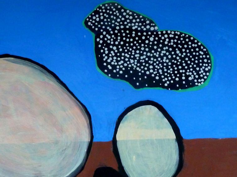 Andrea Friedli, schilderij, malerei, kunst, illustratie, illustration, art,  schilderij van een gestippeld konijn met een blauwe lucht op de achtergrond, Andrea Friedli