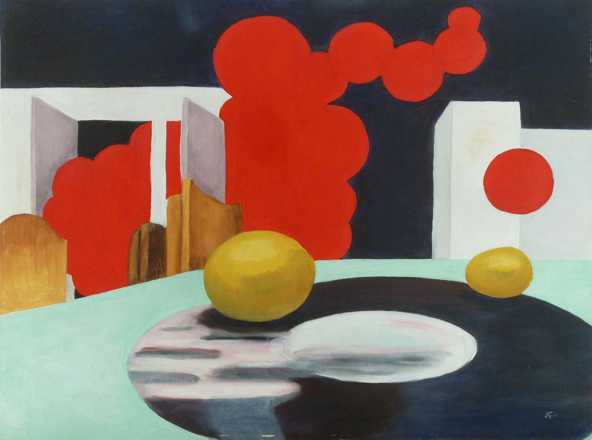 Andrea Friedli, schilderij, malerei, kunst, illustratie, illustration, art, Olieverfschilderij van een cirkel met twee citroenen erop, Andrea Friedli