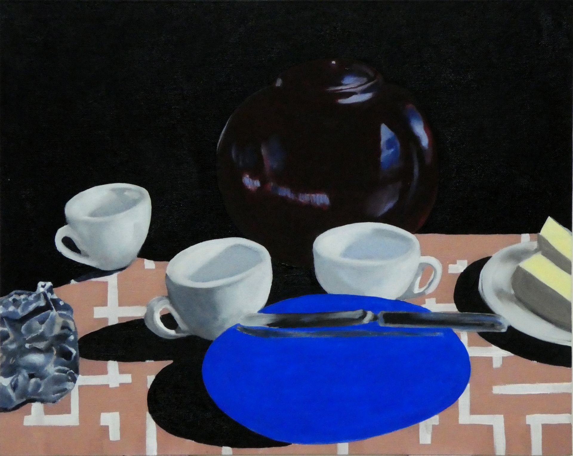 Andrea Friedli, schilderij, malerei, kunst, illustratie, illustration, art,  schilderij van een tafel met kopjes, een donkere theepot en een blauw bord, Andrea Friedli