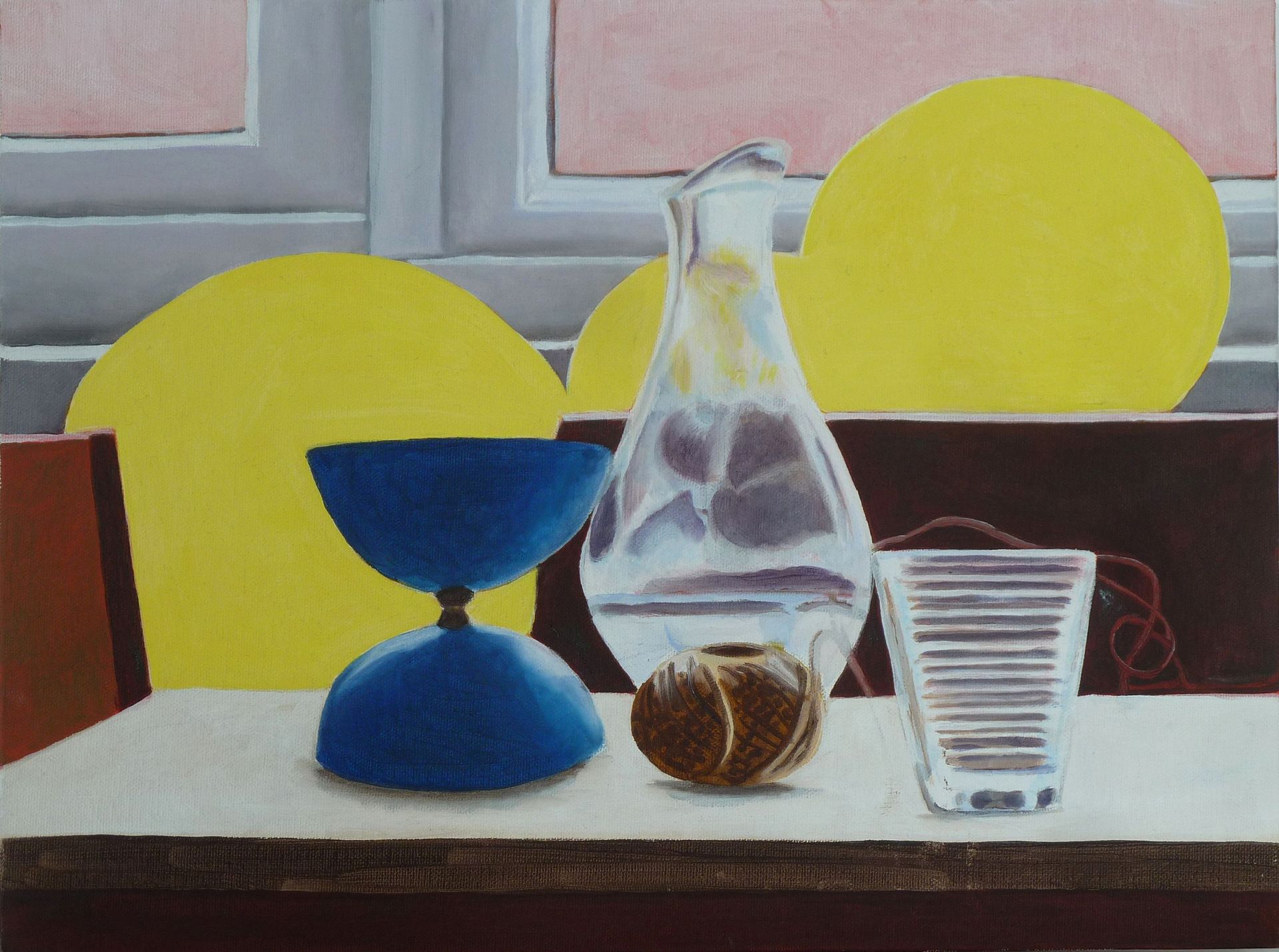 Andrea Friedli, schilderij, malerei, kunst, illustratie, illustration, art, Olieverfschilderij van een blauwe diabolo, een kan, een glas en touw op een tafel, stilleven, Andrea Friedli