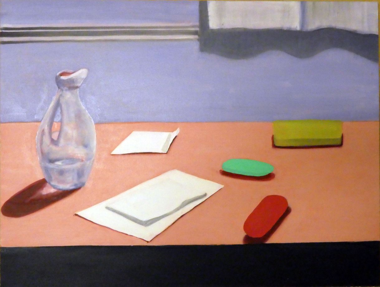 Andrea Friedli, schilderij, malerei, kunst, illustratie, illustration, art,  schilderij van een interieur, stilleven,  tafel met een fles erop, Andrea Friedli