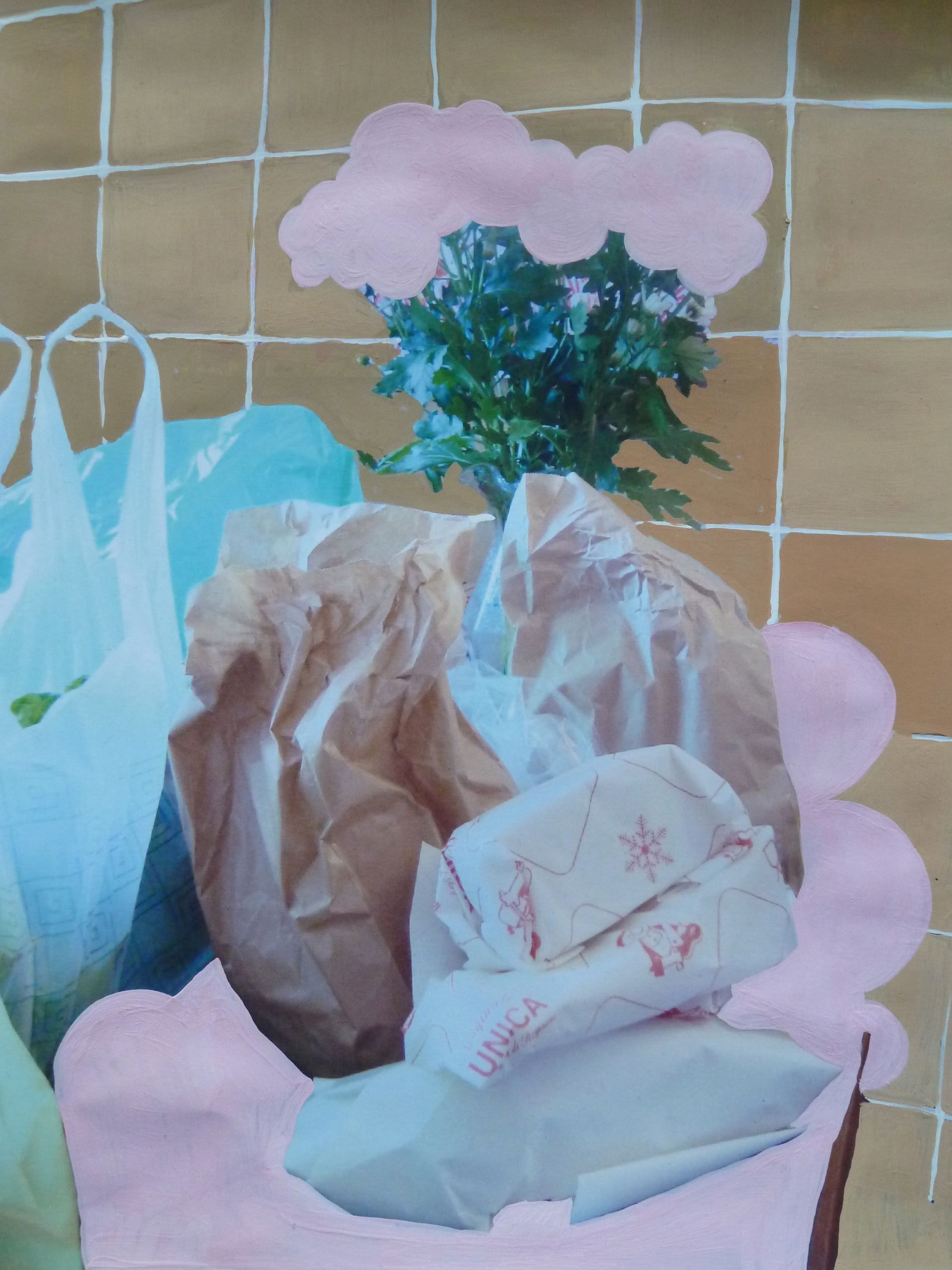 Andrea Friedli, schilderij, malerei, kunst, illustratie, illustration, art, schilderij van een plant in een zak, een stilleven, Andrea Friedli