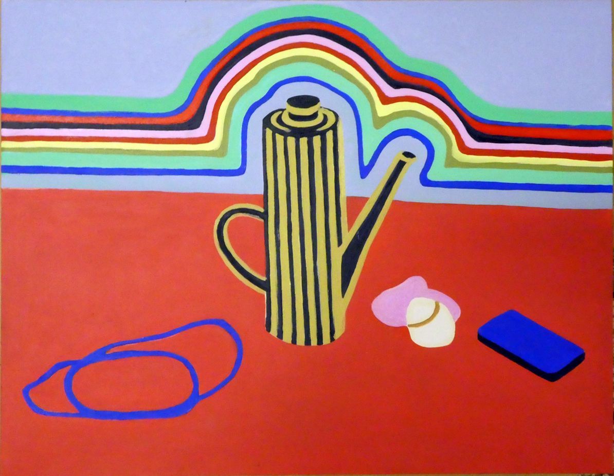 Andrea Friedli, schilderij, malerei, kunst, illustratie, illustration, art, Olieverfschilderij van een theepot op een rood oppervlak