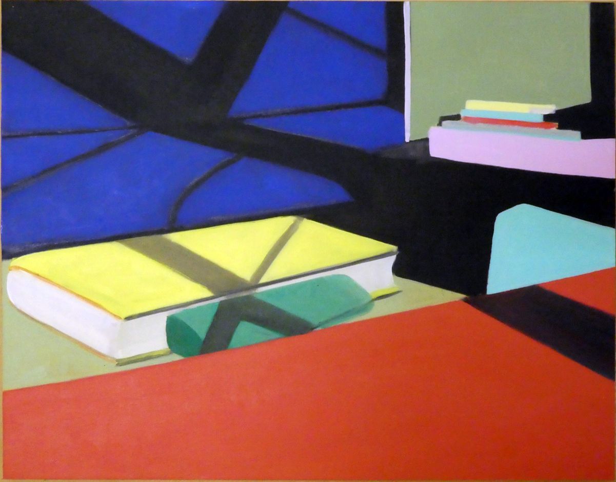 Andrea Friedli, schilderij, malerei, kunst, illustratie, illustration, art,  schilderij van een interieur met een geel boek op een rode tafel, Andrea Friedli