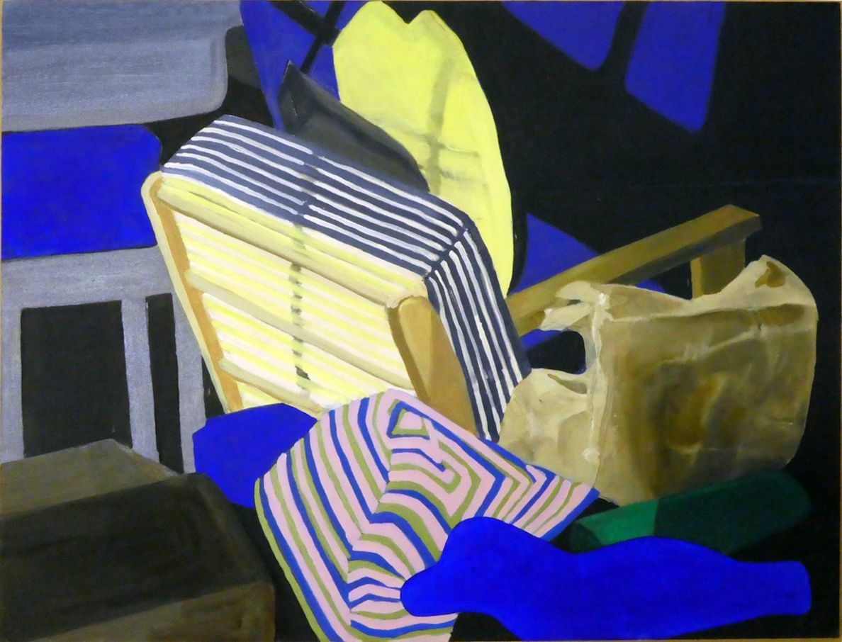 Andrea Friedli, schilderij, malerei, kunst, illustratie, illustration, art,  schilderij van een interieur met stoel met een gestreepte deken erop, Andrea Friedli