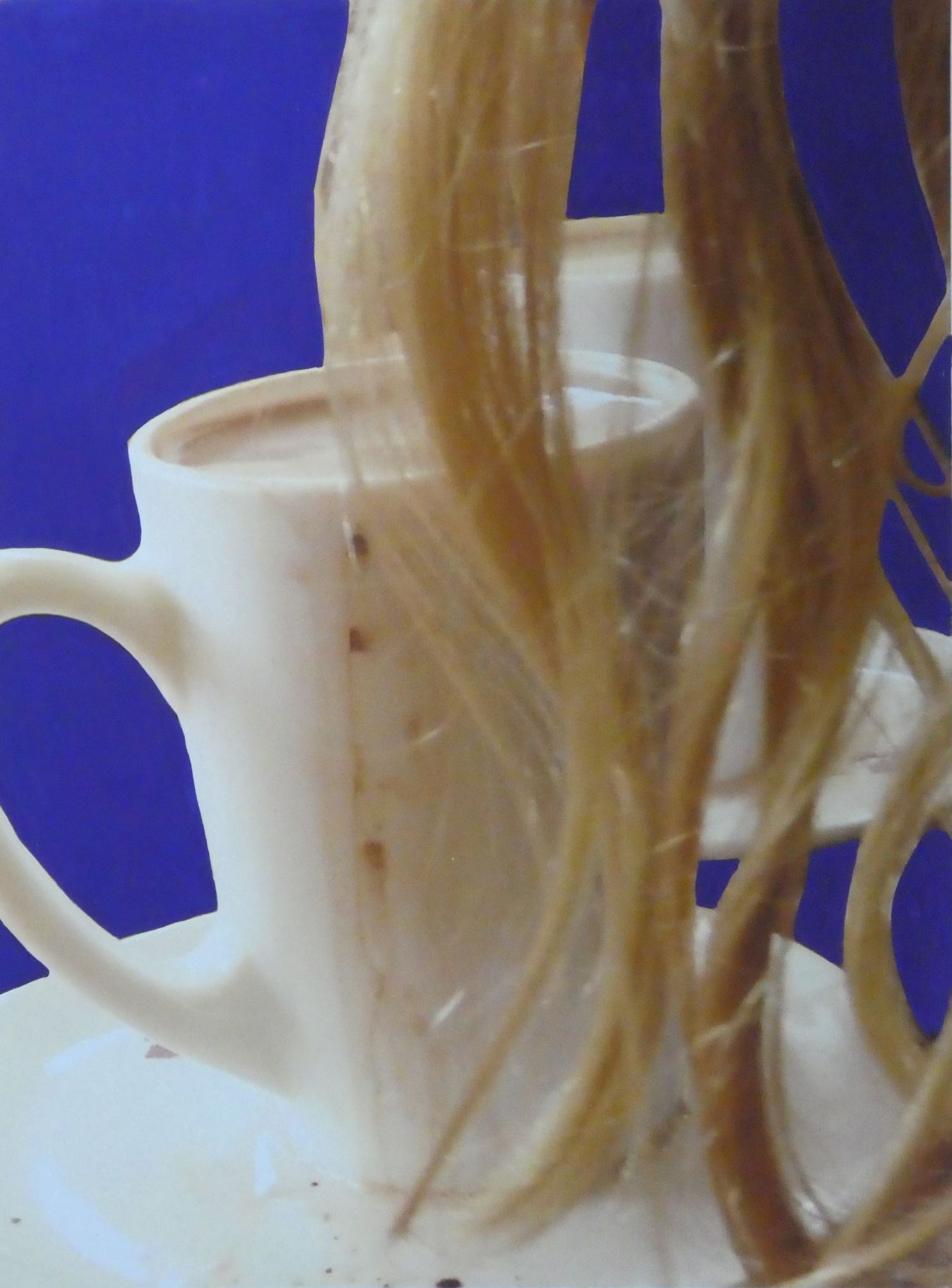 Andrea Friedli, schilderij, malerei, kunst, illustratie, illustration, art, Het haar van een vrouw is zichtbaar achter een kopje koffie, Andrea Friedli