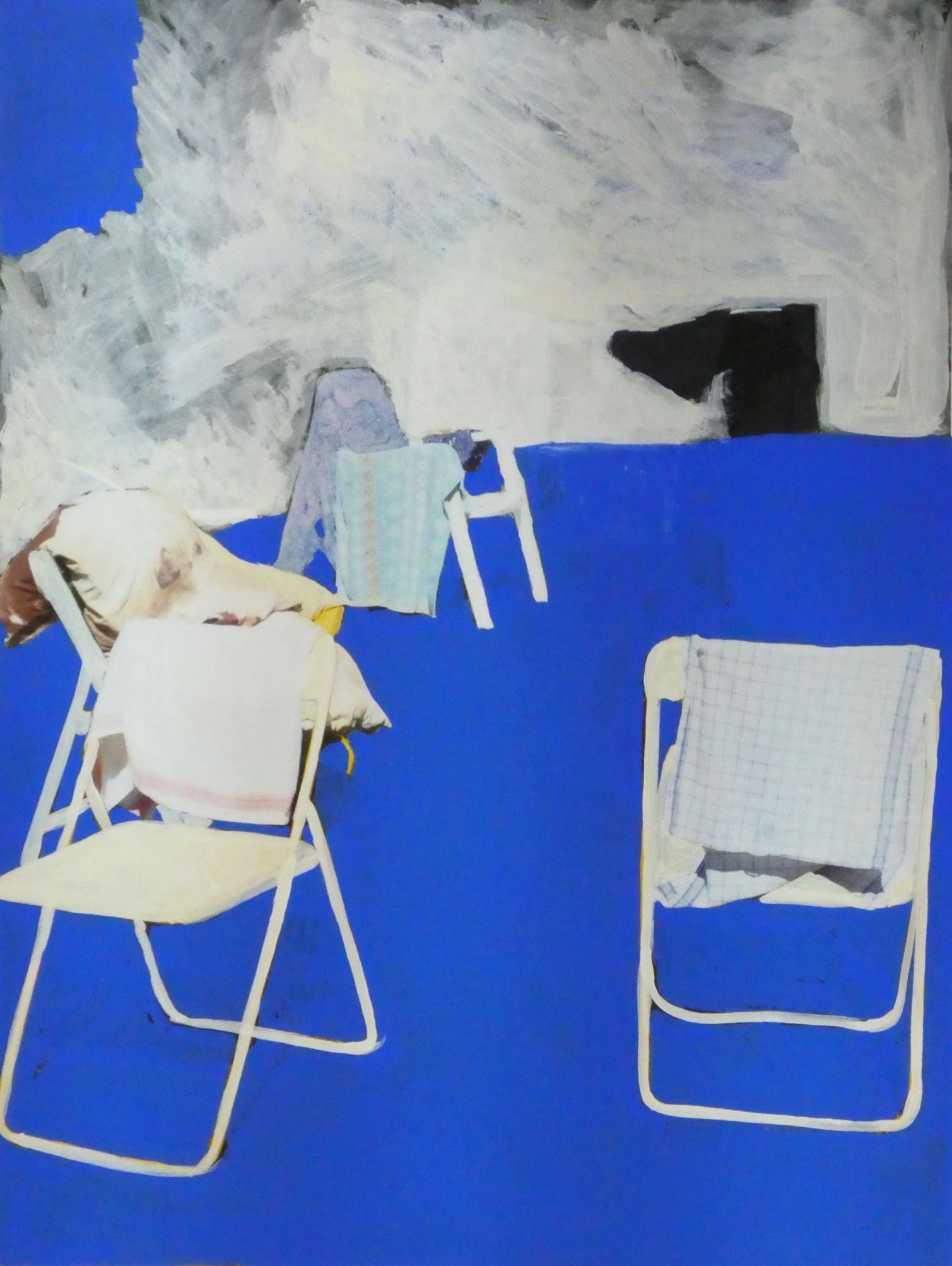 Andrea Friedli, schilderij, malerei, kunst, illustratie, illustration, art,  schilderij van twee klapstoelen op een blauwe achtergrond, Andrea Friedli