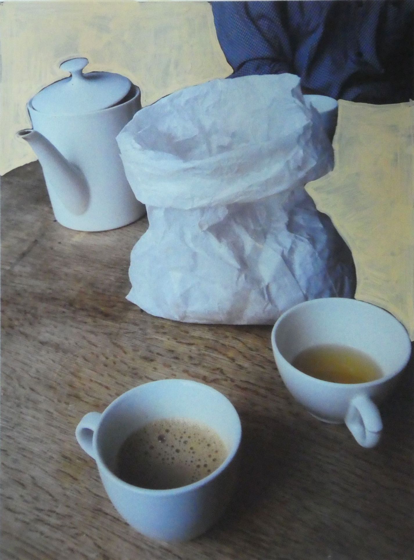 Andrea Friedli, schilderij, malerei, kunst, illustratie, illustration, art, Twee kopjes koffie en een theepot op een tafel, stilleven, Andrea Friedli