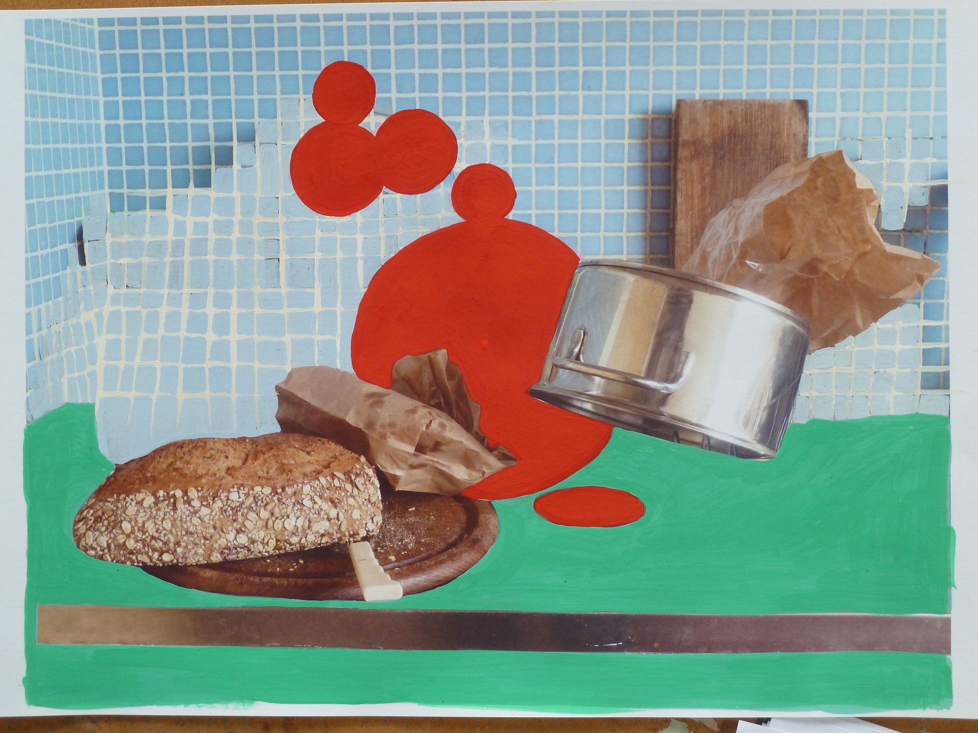 Andrea Friedli, schilderij, malerei, kunst, illustratie, illustration, art,  schilderij van brood en een pot op een tafel, stilleven, Andrea Friedli