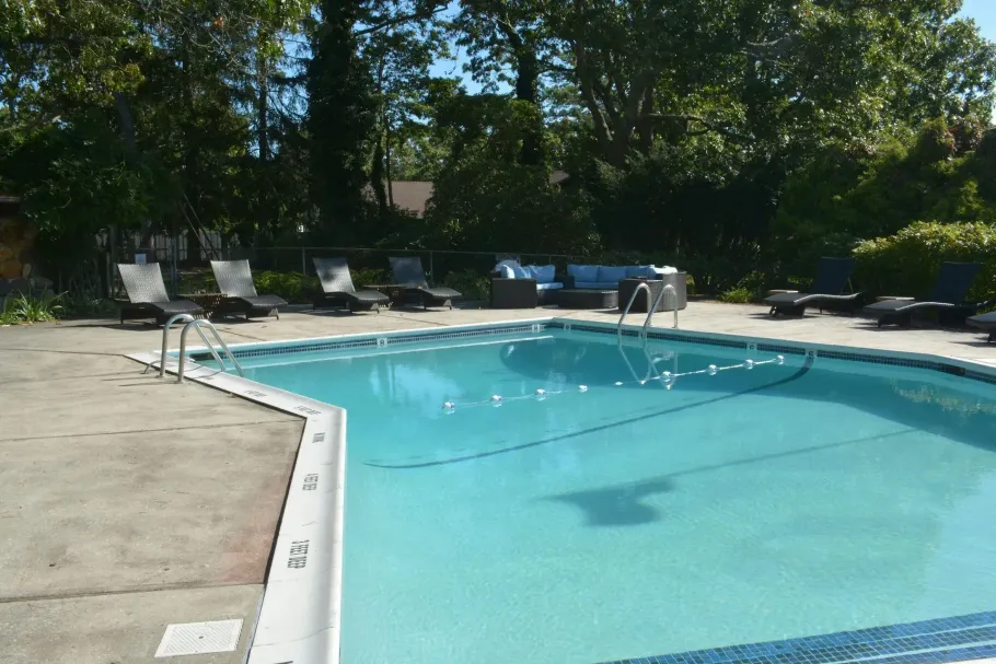Outdoor swimming pool with lounge chairs and trees.