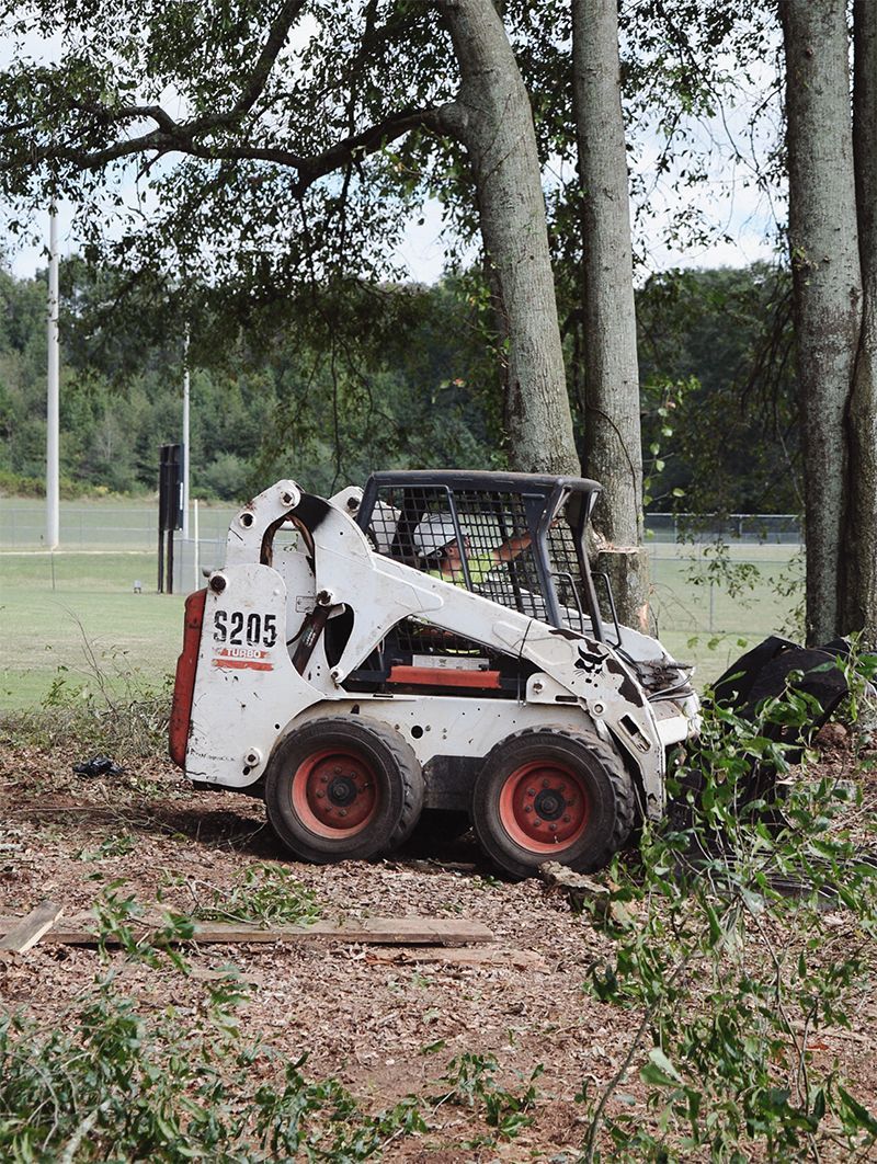 White Bobcat S205 skid-steer loader clearing brush near trees outdoors.
