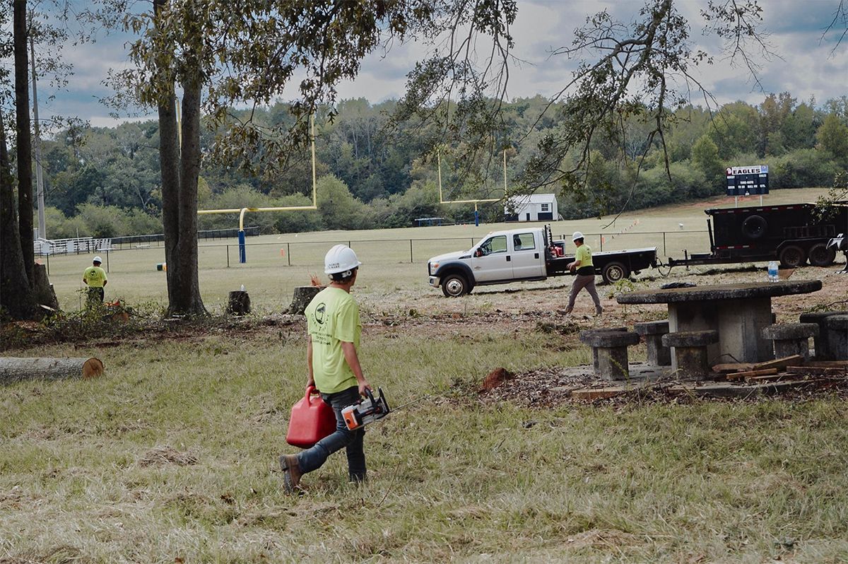 Workers clearing debris from a field, chainsaw in hand, near picnic tables and a sports field.