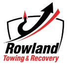 Logo for Rowland Towing & Recovery: black and red arrow over text in a shield.