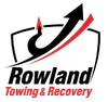 Logo for Rowland Towing & Recovery: black and red arrow over text in a shield.