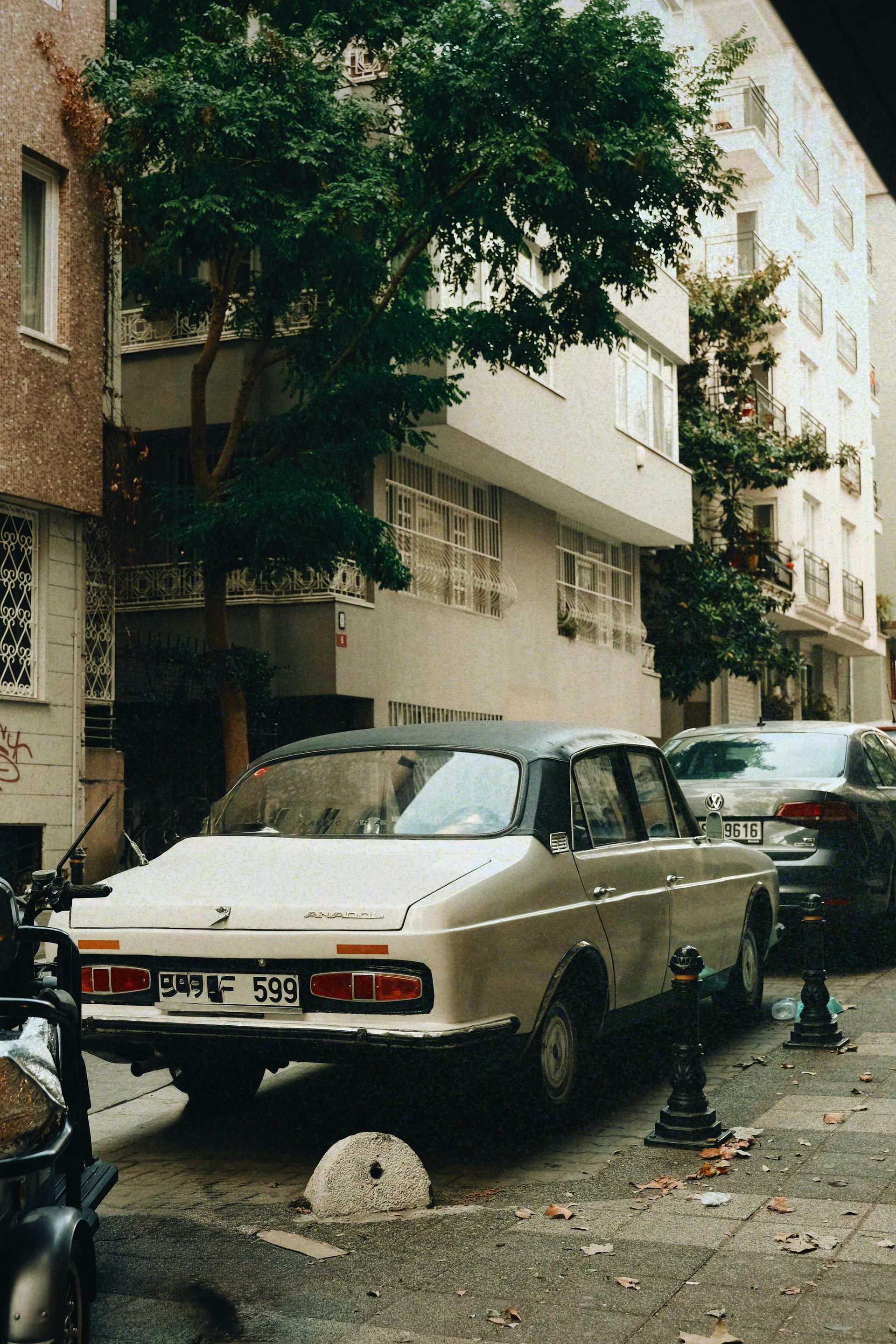 Beige vintage car parked on a city street, tree between buildings.