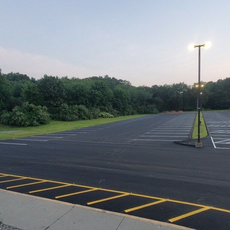 An empty parking lot with trees in the background