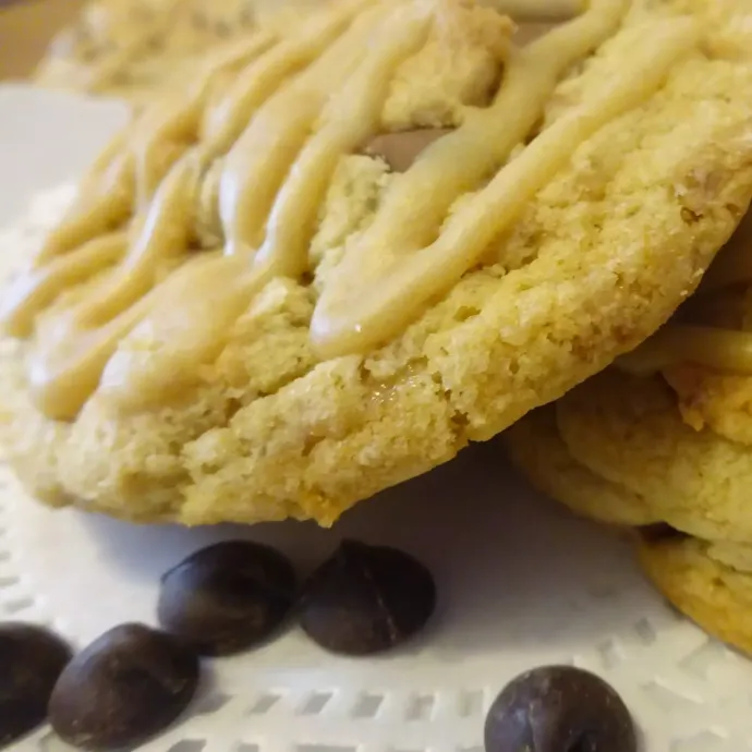 A close up of a cookie with chocolate chips on a napkin