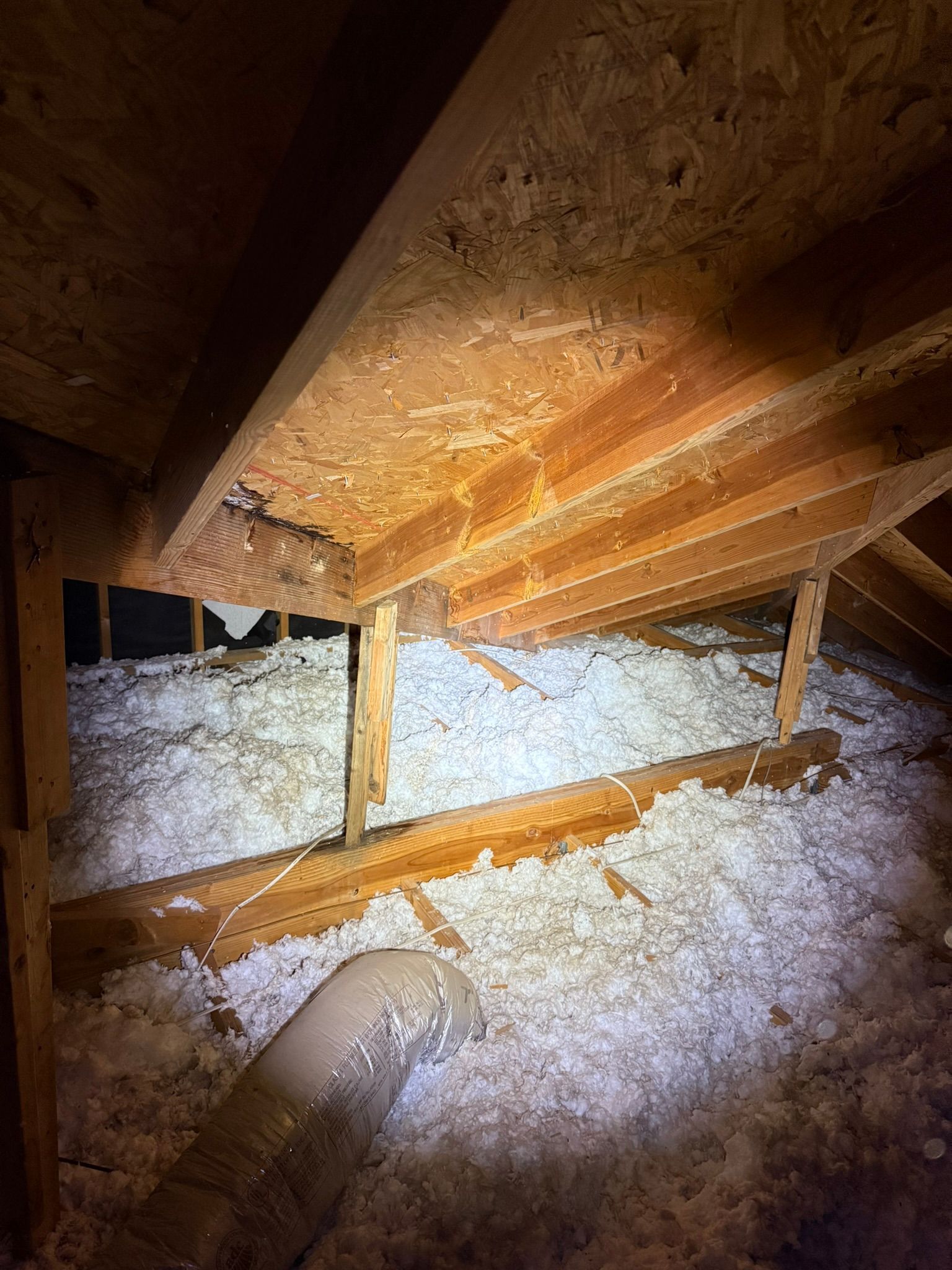 There is a lot of insulation in the attic of a house.