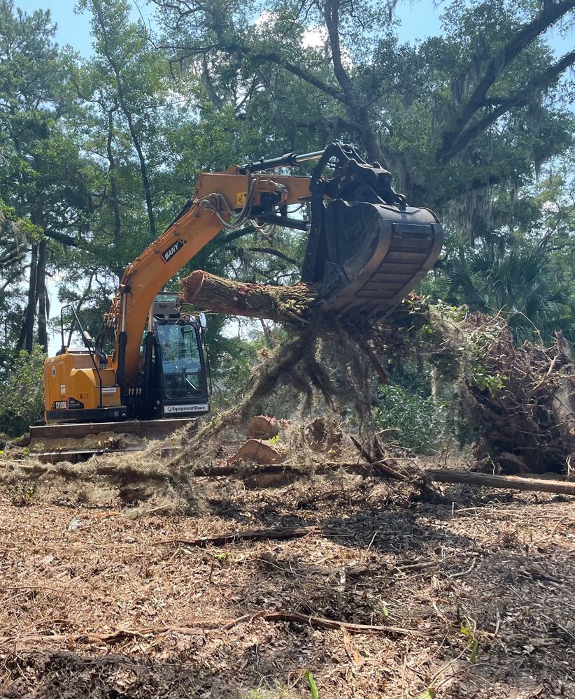 An excavator is cutting down a tree in the woods.