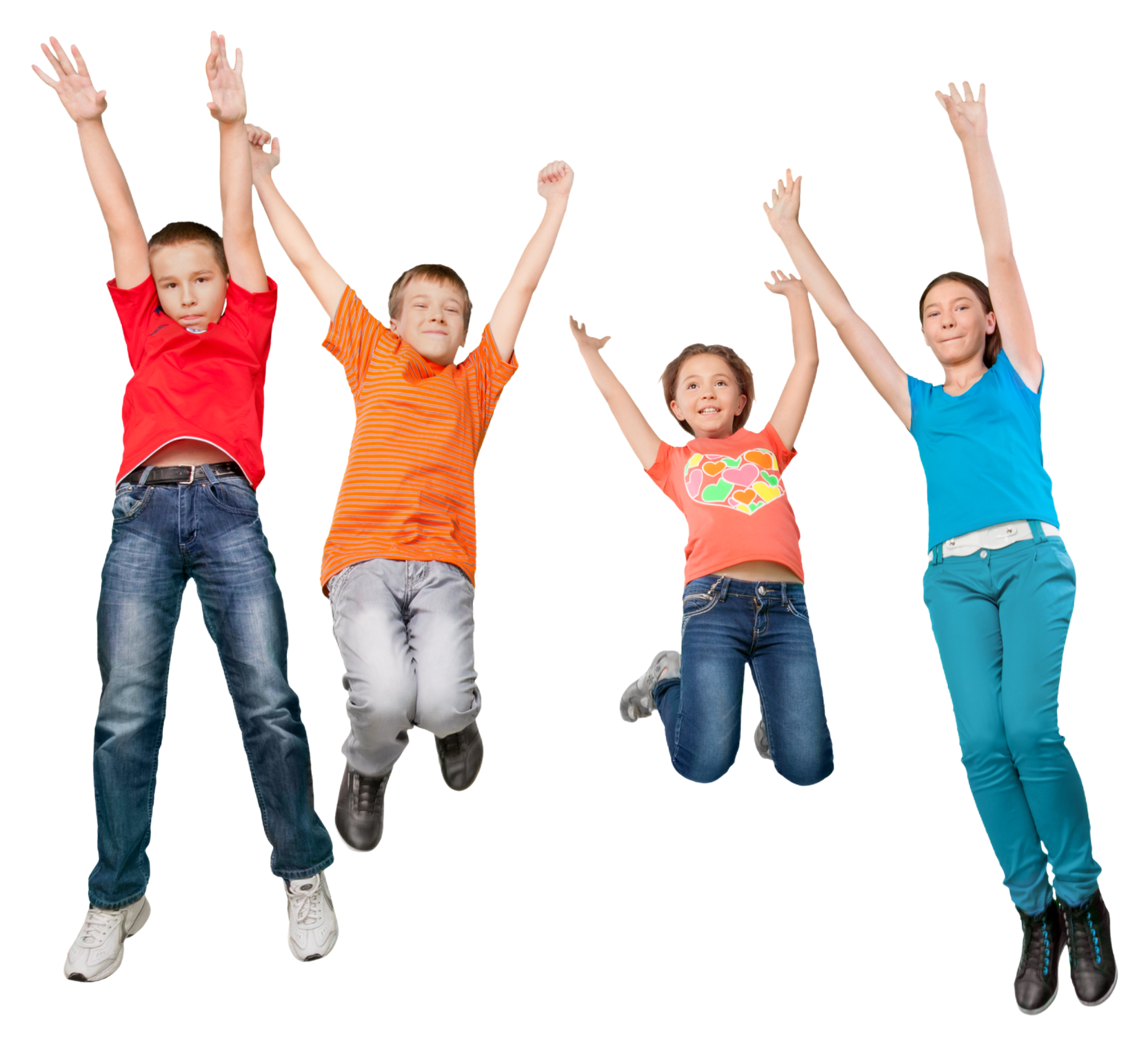 Four children jumping with arms raised in the air.
