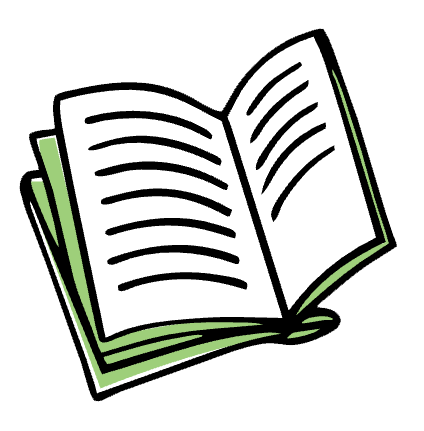 Open book with green cover and pages, black lines indicate text.