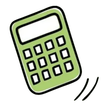 Green calculator, cartoon style, with display area and buttons. Bouncing with two lines.