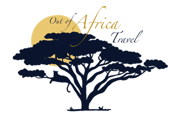 Logo for Out of Africa Travel: silhouette of an acacia tree with a leopard, sun, and gold script text.