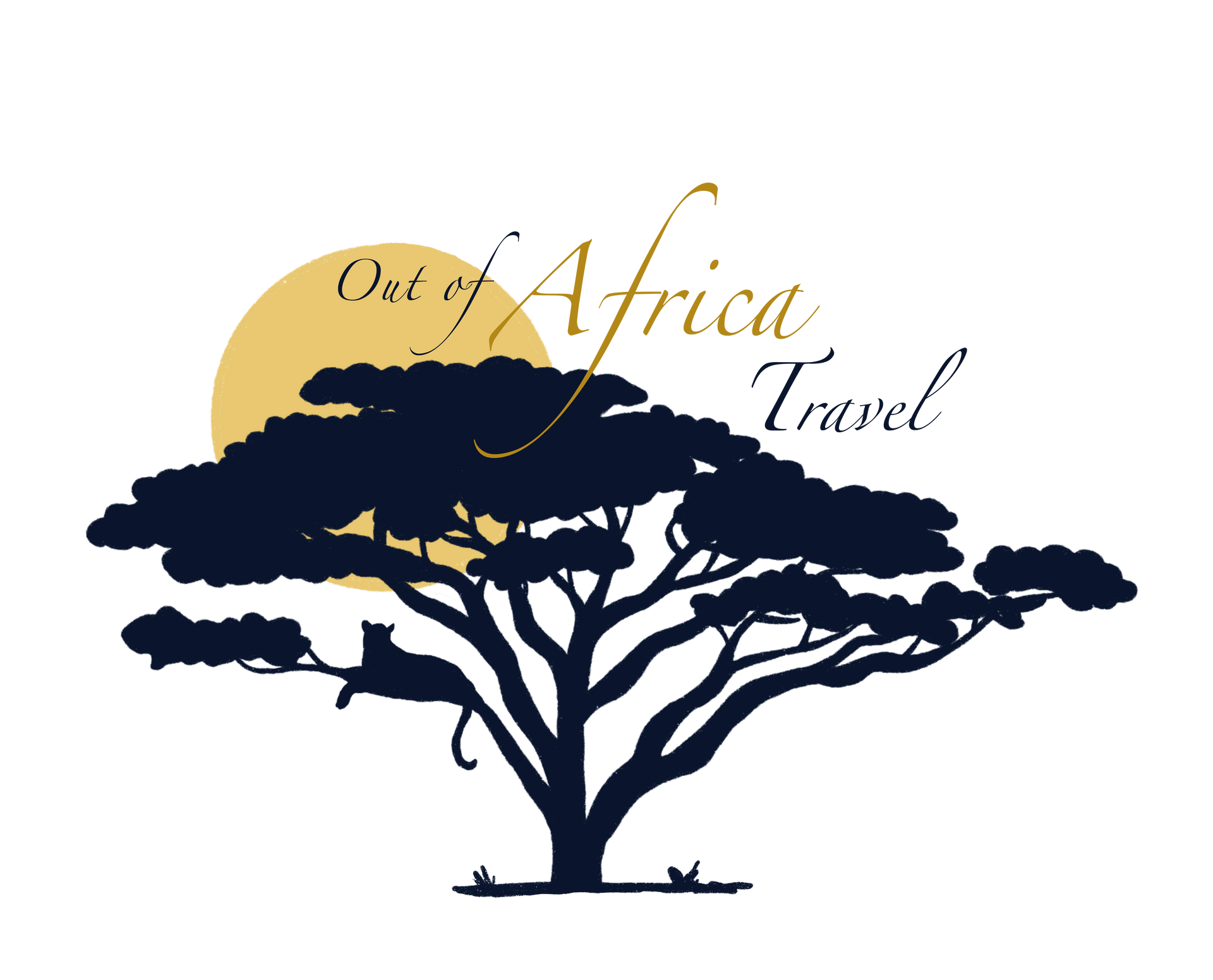 Silhouette of an African tree with a leopard, a golden sun, and 