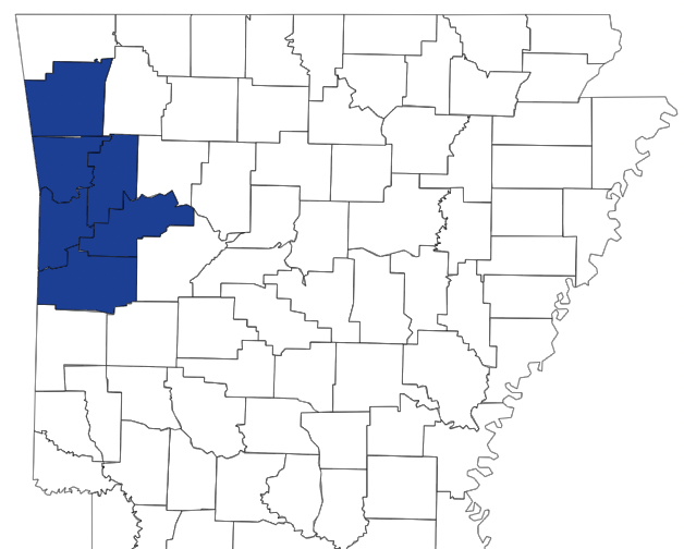 A map of arkansas with a blue area in the middle