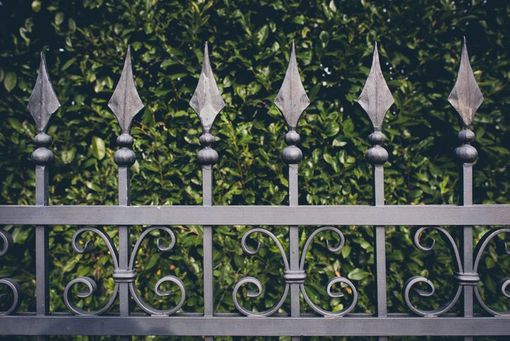 A close up of a wrought iron fence with a hedge in the background.