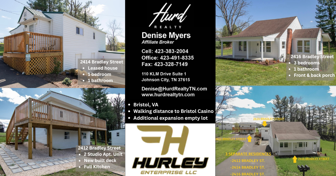 Contact Hurley Enterprise LLC. Real estate advertisement with four houses for sale by Vision, LLC.'s subsidiary brand Hurley Enterprise LLC. including contact information.