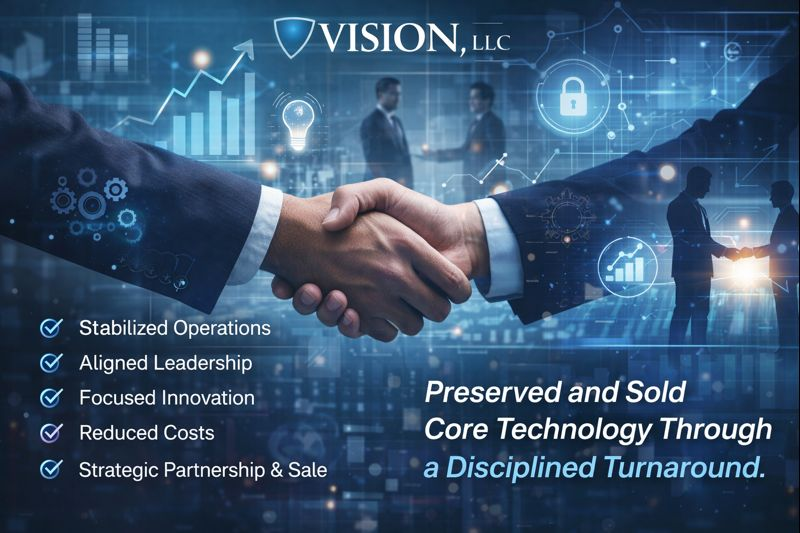View the Case Study Handshake with business professionals and technology graphics, advertising