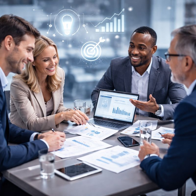 Business team collaborating around a laptop and documents, smiling. Office setting with charts and graphs.