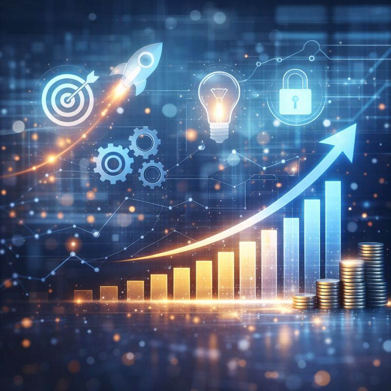 Financial growth chart with ascending bars, coins, and business icons: rocket, target, gears, lightbulb, and lock.