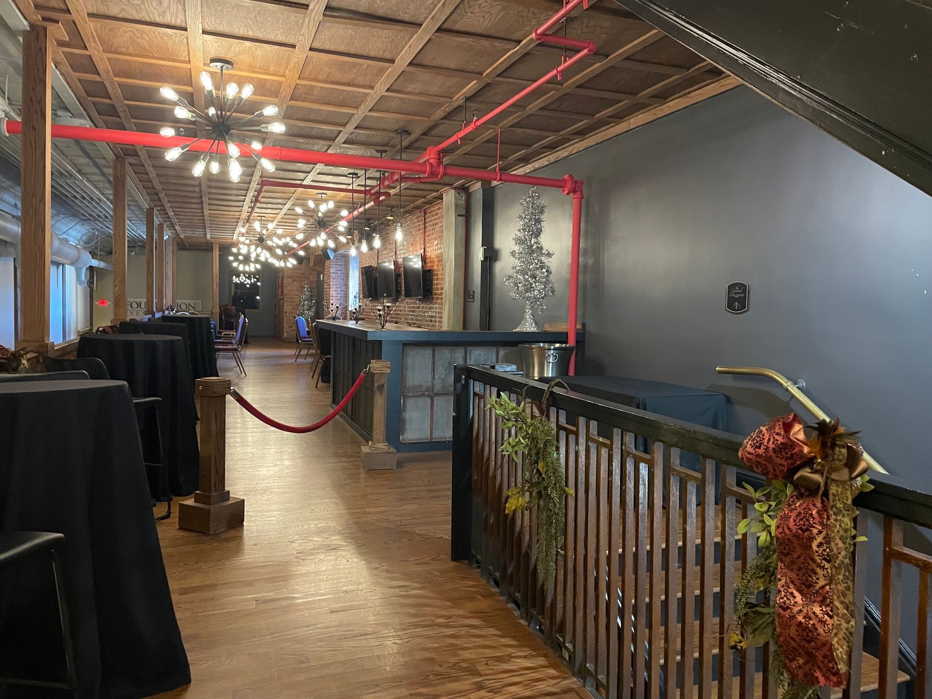Foundation Event Facility dressed up for a Christmas event with bows and wreathes