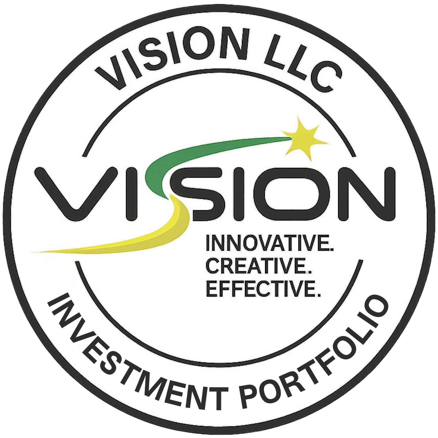 Vision, LLC. circular medallion with logo and 'INVESTMENT PORTFOLIO' text linking to our brands